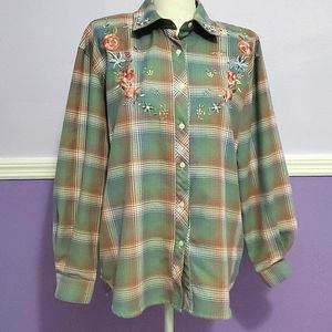 Teddi Sage & Pink Plaid Embroidered Long Sleeve Button Down Flannel Shirt